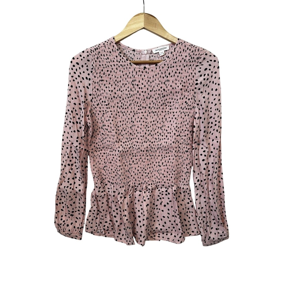 Beach Lunch Lounge Blouse Womens Small Pink Polka Dot Smocked Balloon Sleeve Top
